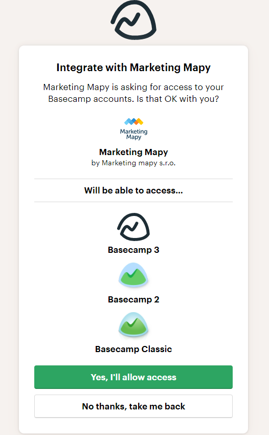 Dejte souhlas s propojením | Návod pro synchronizaci s Basecamp | Marketing Mapy