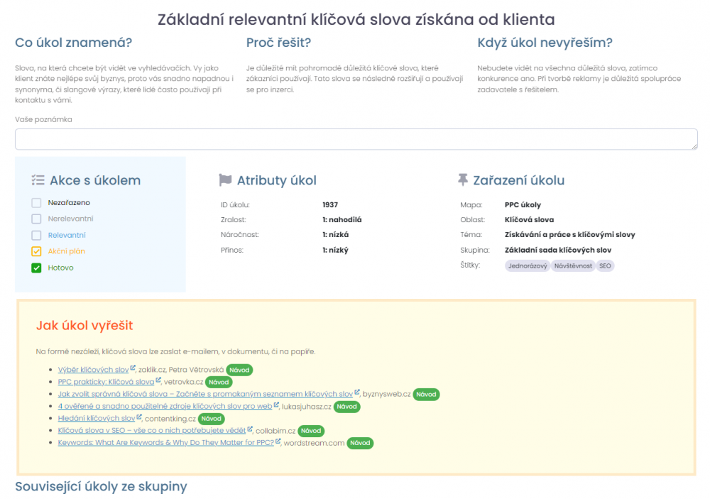 Ukázka detailu úkolu v nástroji